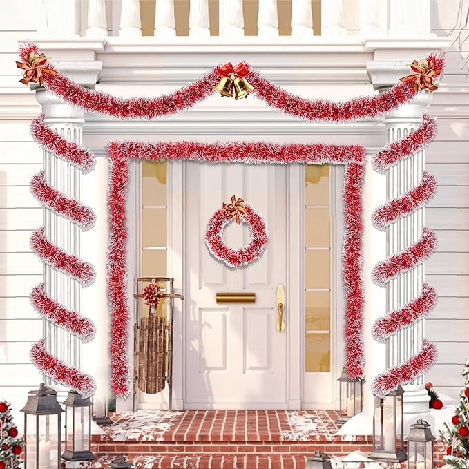 50FT Red Christmas Tinsel Garland Metallic Twist Shiny Christmas Tree Decorations, Xmas Holiday Hanging Garland for Home Mantle Stair Indoor Outdoor Holiday Decor Party Supplies - Red White