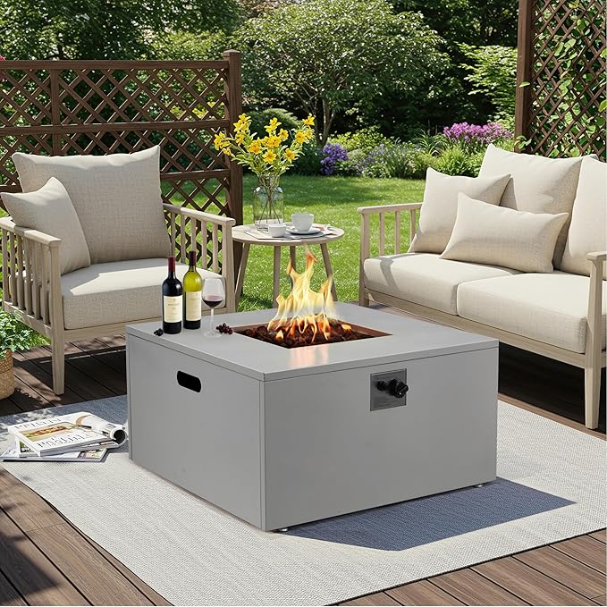 ECOTOUGE 32 Square Propane Fire Pit Table, 50,000 BTU Outdoor Gas Fire Pit with Lid, Steel Fireplace w/Weather-Resistant Pit Cover, Lava Rocks for Patio, CSA Certified, Grey