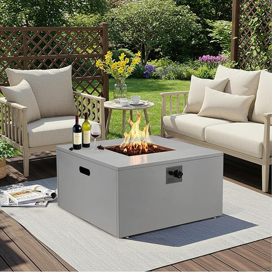 ECOTOUGE 32 Square Propane Fire Pit Table, 50,000 BTU Outdoor Gas Fire Pit with Lid, Steel Fireplace w/Weather-Resistant Pit Cover, Lava Rocks for Patio, CSA Certified, Grey