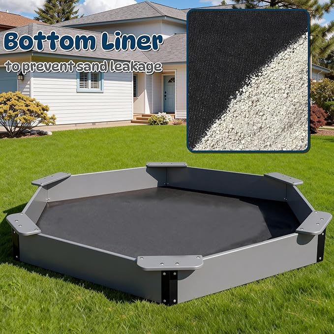 FOOWIN Hexagonal Outdoor Sandbox with Cover for Kids, HDPE Large Sandpit w/6 Benches, for Aged 3-12 Years Old, Sand Box for Children, Bottom Liner,Grey