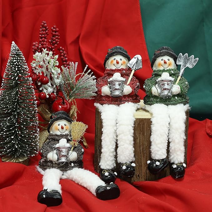 Lulu Home Christmas Snowman Decorations - 3 Pack Resin Snowman Shelf Sitters with Plush Dangling Legs for Winter Xmas Tabletop Mantel Fireplace Home Holiday Decor