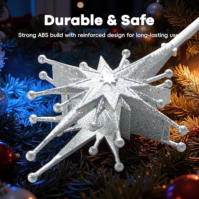 2025 Upgraded Christmas Tree Topper Projector Light with Rotating Bright LED & Wide Coverage, Universal Fit for Any Height Tree, Easy Install, Stable Base, Holiday & Party Decorations (Frosted Silver)