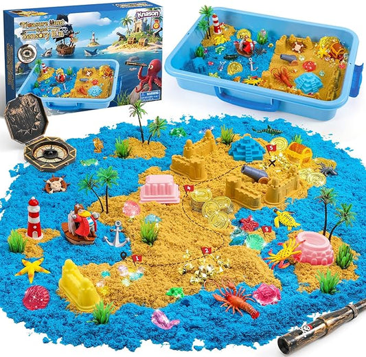 Pirate Treasure Chest Sensory Bin,Play Sand Kit for Boys with Pirate Accessories,2.2lbs Sand,Glow in The Dark Gems and Map,Pretend Play Adventure Sensory Toys for Toddlers Kids Ages 3 4 5 6 7 8