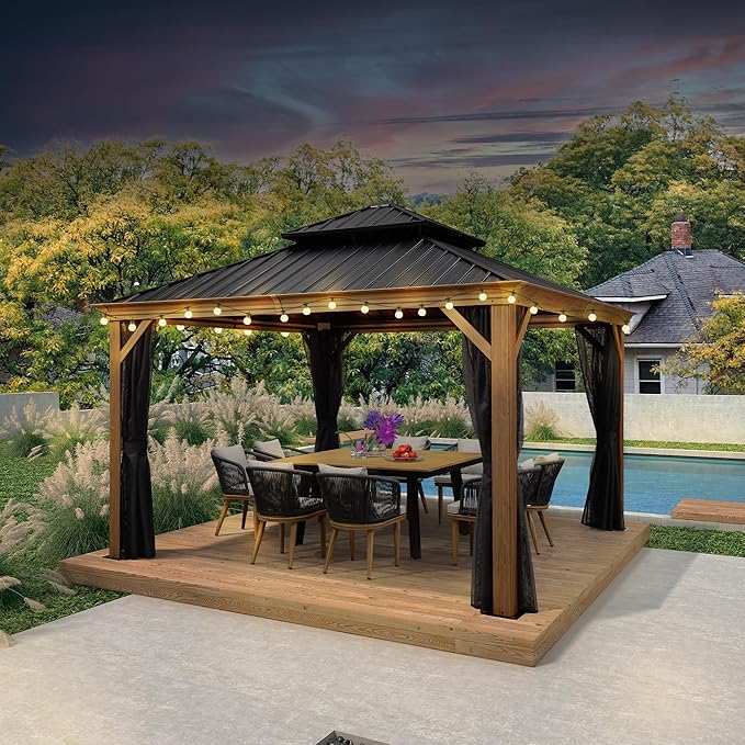 PURPLE LEAF 12' X 12' Outdoor Hardtop Gazebo for Patio Galvanized Steel Double Roof Permanent Canopy Teak Finish Coated Aluminum Frame Pavilion Gazebo with Netting and String Lights