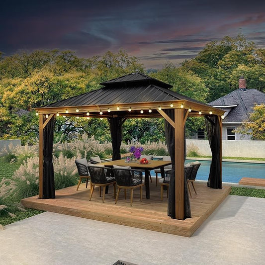 PURPLE LEAF 12' X 12' Outdoor Hardtop Gazebo for Patio Galvanized Steel Double Roof Permanent Canopy Teak Finish Coated Aluminum Frame Pavilion Gazebo with Netting and String Lights