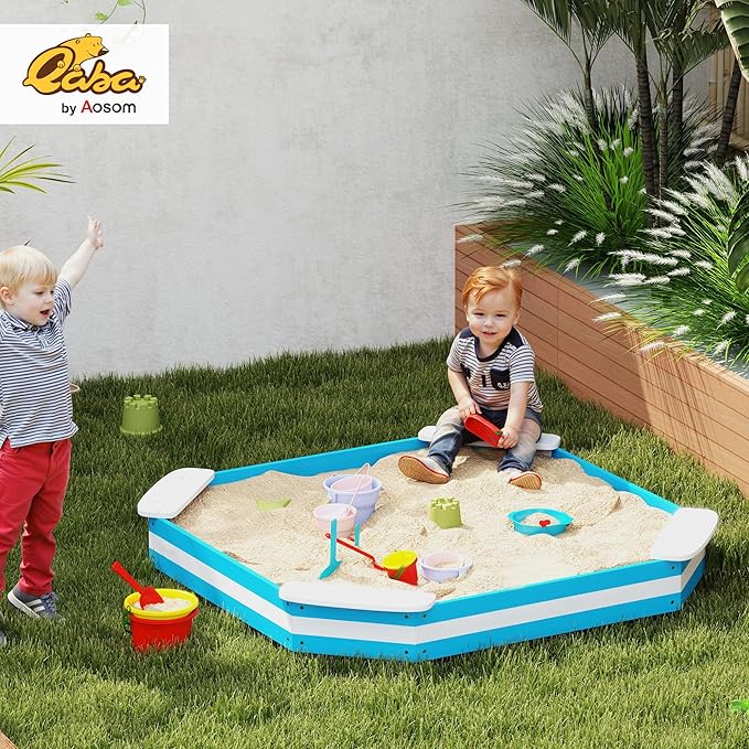 Qaba Kids Sandbox, Outdoor Wooden Sand Pit with 4 Corner Seats, Bottom Liner for Backyard, Garden, 52 x 52 x 6, Blue