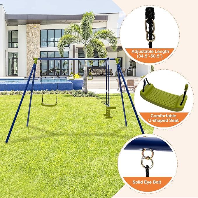 GLACER 440 LBS Heavy-Duty A-Frame Swing Set, 3-in-1 Swing Set w/1 U-Shaped Swing, 1 Glider, 2 Gym Rings, Multifunctional Activity Playset for Backyard, Garden, Park