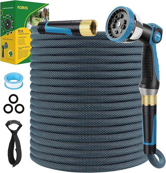 Non-Expandable Garden Hose 75 FT, Lightweight Hose with 10 Function Spray Nozzle, Kink-Free Flexible Water Hose, Durable, Leak-Proof, 360¡Æ Swivel Connectors, Portable Storage Strap