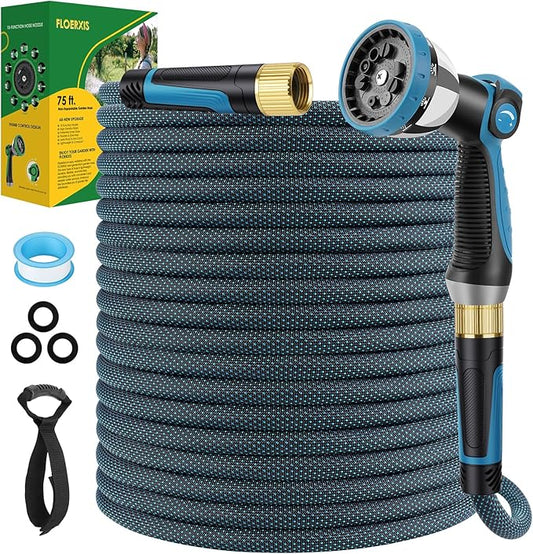 Non-Expandable Garden Hose 75 FT, Lightweight Hose with 10 Function Spray Nozzle, Kink-Free Flexible Water Hose, Durable, Leak-Proof, 360¡Æ Swivel Connectors, Portable Storage Strap