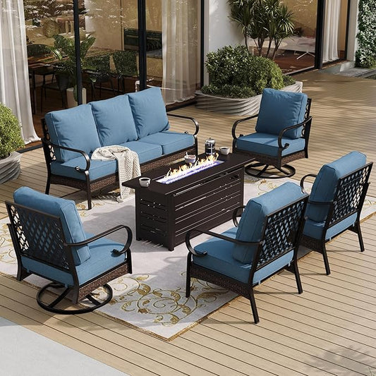 6 Piece Metal Outdoor Patio Furniture Sets with Firepit Table, Patio Conversation Sets 1 3-Seater Sofa, 2 Leg Sofa and 2 Swivel Chair with 5.75" Cushion for Backyard Deck, Denim Blue