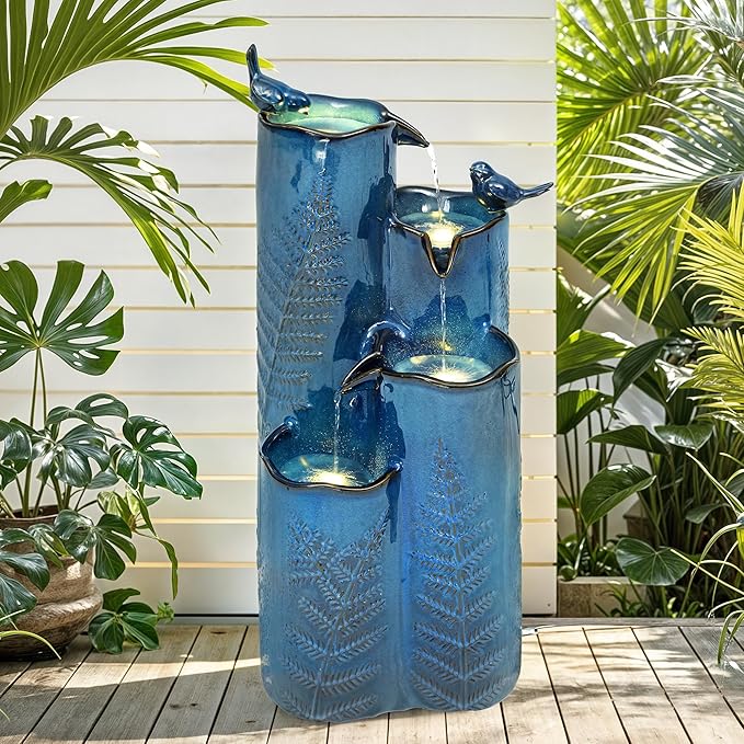 Autodaya 32" Tall Outdoor Fountain, Ceramic Vase Water Fountain withs Lights, 4-Tier Waterfalls with Birds, Tranquil Oasis for Garden Patio Yard Deck Balcony Decor, Tropical Fern, Turquoise Glaze