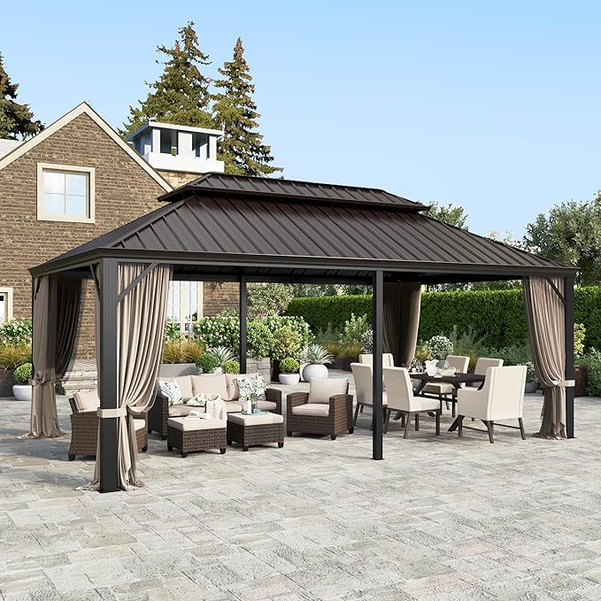 HERA'S HOUSE 12’x20’ Hardtop Gazebo Canopy, Outdoor Galvanized Steel Double Roof Gazebo, Aluminum Frame Pavilion with Netting and Curtains for Patio Lawn Backyard Deck Garden