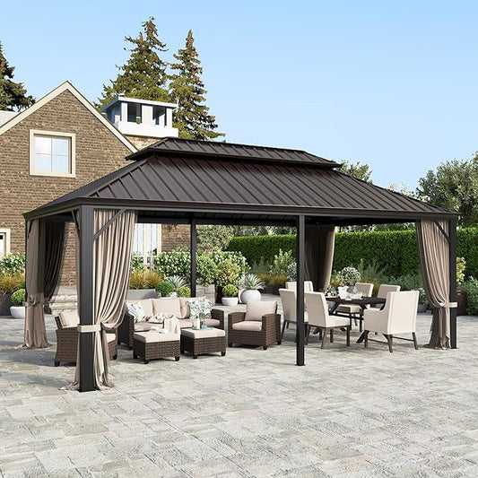 HERA'S HOUSE 12’x20’ Hardtop Gazebo Canopy, Outdoor Galvanized Steel Double Roof Gazebo, Aluminum Frame Pavilion with Netting and Curtains for Patio Lawn Backyard Deck Garden