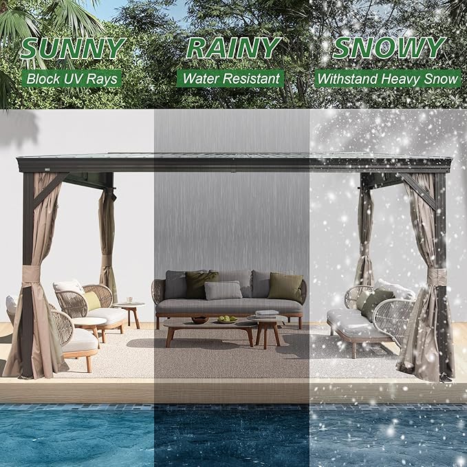 12’ x 14’ Lean to Gazebo, Outdoor Wall Mounted Gazebo Aluminum Frame, Hardtop Pergola with Galvanized Steel Sloping Roof for Patio Deck Garden Backyard, Curtain and Netting Included