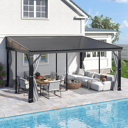 GARTOO 12' x 16' Lean to Hardtop Gazebo for Patio - Aluminum Frame Gazebos Pergola with Sloping Metal Roof, Outdoor Wall-Mounted Canopy Awnings to House for Patio, Garden, Lawn, Backyard Deck