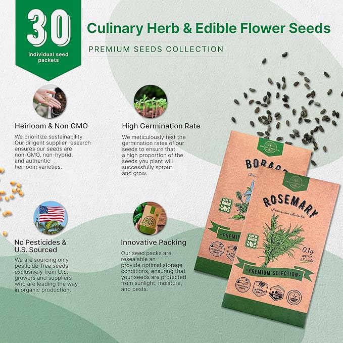 Organo Republic 30 Culinary Herbs & Edible Flower Seed Variety Pack- Indoor/Outdoor. 14000+ Non-GMO Heirloom Flower Seeds: Basil, Borage, Echinacea, Lavender, Oregano, Rosemary Seeds & More