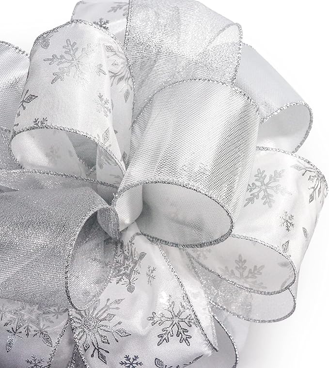 CT CRAFT LLC Sliver Snowflake Less Glitter Christmas Tree Topper Bow 11" with 4 Ribbon Streamers x 3 Yards Long Each for Holidy Elegant Fancy Home Décor Indoor