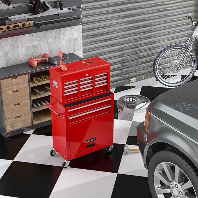 High Capacity Rolling Tool Chest with Wheels and 8 Drawers,Metal Storage Tool Cabinet W/Mobile Case,Pull Handle,4 Hooks,for Workshop Mechanics Garage,Red