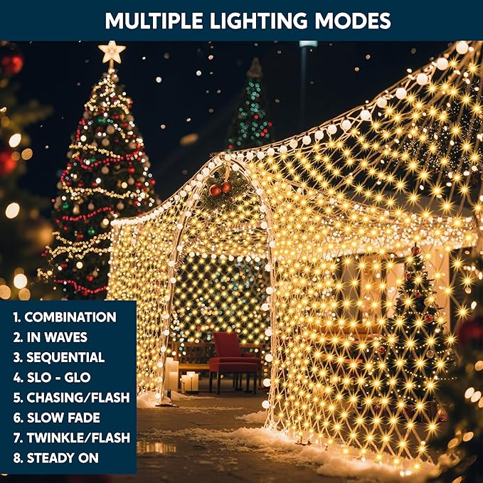 JOYIN 360 LED Christmas Net Lights, 6.5X 16.4FT Christmas Mesh Lights with 8 Modes, Connectable, Waterproof for Bushes Trees Yard Indoor Outdoor Xmas Decorations (Warm White)
