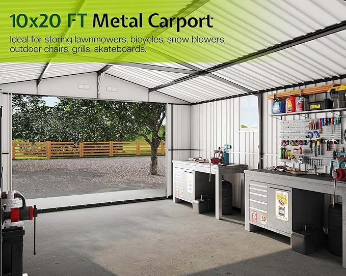 Jocisland 10.1x20.7x7.3 FT Heavy Duty Metal Carport, Car Canopy with 2 Lockable Doors & 4 Windows, All-Weather Car Shelter for Car, Boat, Truck, Lawn Equipment, Dark Gray
