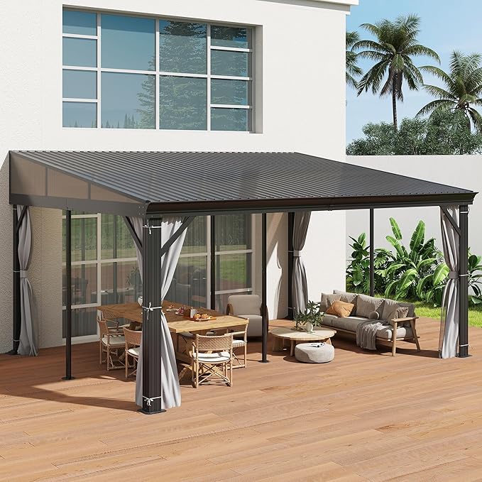 COVERONICS 12' X 16' Outdoor Lean to Gazebo - Wall-Mounted Aluminum Frame Gazebo with Slope Metal Roof, Patio Heavy-Duty Lean to Pergola with Netting & Curtains for Garden, Backyard, Deck