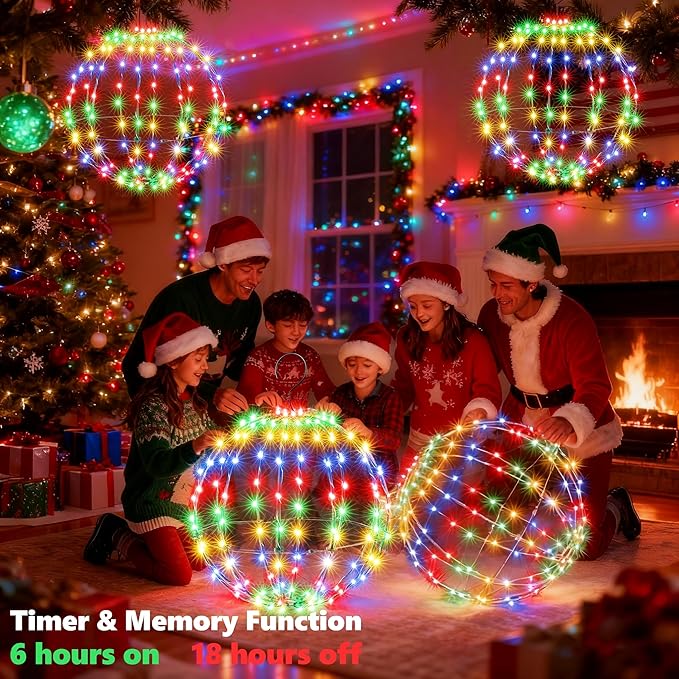 Joomer 2 Pack Christmas Big Ball Lights, 20IN & 18IN Foldable Metal Sphere Lights Waterproof with Timer, Plug-in Hanging Tree Globe Light for Christmas Decorations-Multicolor (Non-connectable)