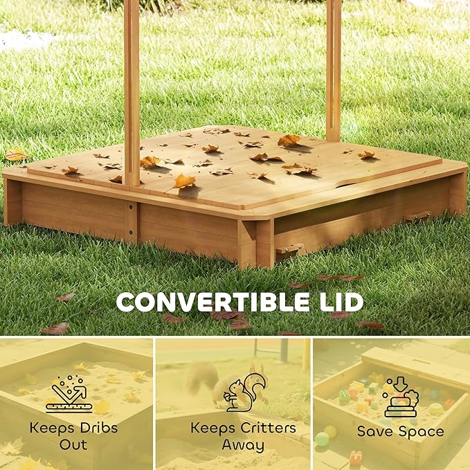Outsunny Wooden Sandbox with Lid, Kids Sandbox with Canopy Outdoor, Sand Box with Foldable Bench Seats and Sand Protection, Bottom Liner Included, Kids Gift for Aged 3-7, 47X47 in, Brown