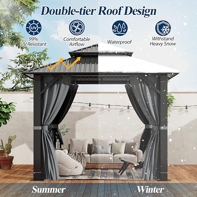 COVERONICS 8.5' x 8.5' Outdoor Hardtop Gazebo - Aluminum Heavy-Duty Double Roof Vented Gazebo with Breathable Netting & Privacy Curtains for Patio, Porch, Garden, Lawn