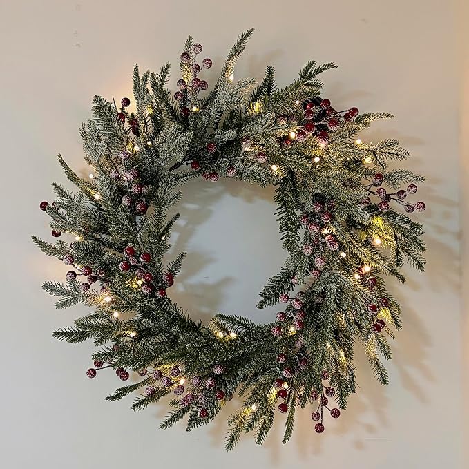 24" Prelit Christmas Wreath with LED Lights, Snow-Flocked Pine, Red Berries & Pine Cones, Holiday Front Door Decoration