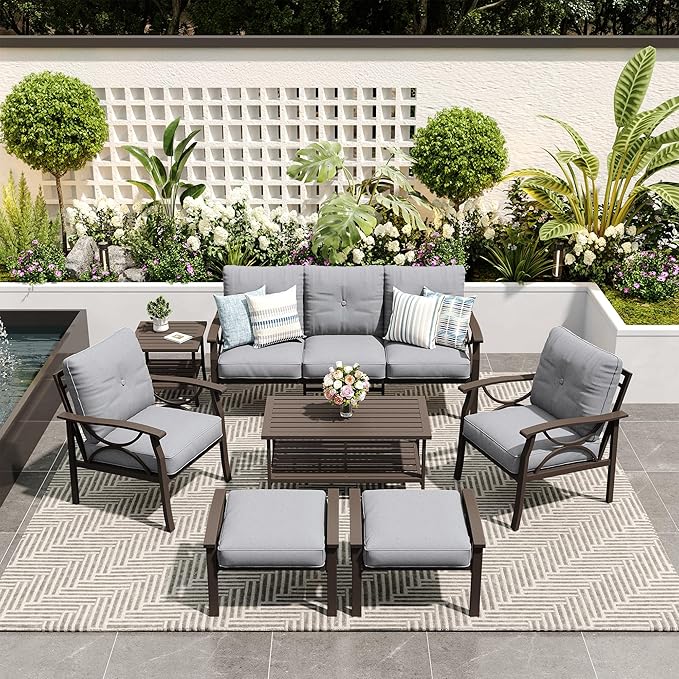7-Piece Outdoor Patio Furniture Set, Outdoor Metal Sectional Furniture with Cushions, Outdoor Conversation Seating Set with Side Table for Backyard, Garden, Balcony, Deck, Grey