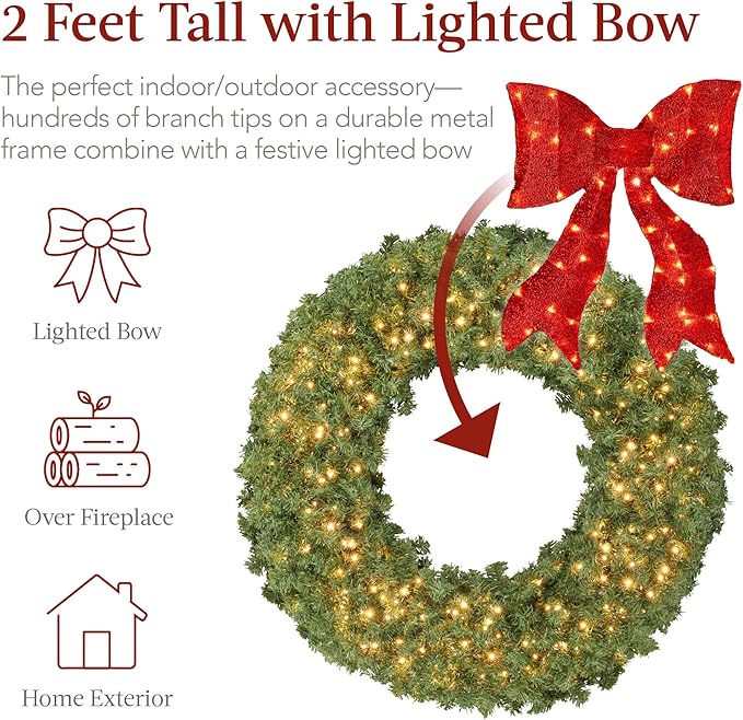 Best Choice Products 24in Large Artificial Pre-Lit Fir Christmas Wreath Holiday Accent Decoration for Door, Mantel w/Red Lighted Bow, 70 LED Lights, 100 PVC Tips, Battery Operated