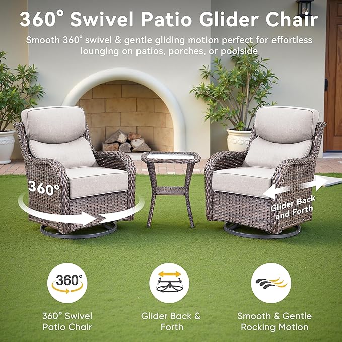 Luxury High Back Outdoor Furniture 6-Inch Thick Cushions with 50,000 BTU Gas Propane Fire Pit Tablet, Patio Furniture Set with Swivel Chairs, 8 PCS for Porch, Balcony, Deck and Yard