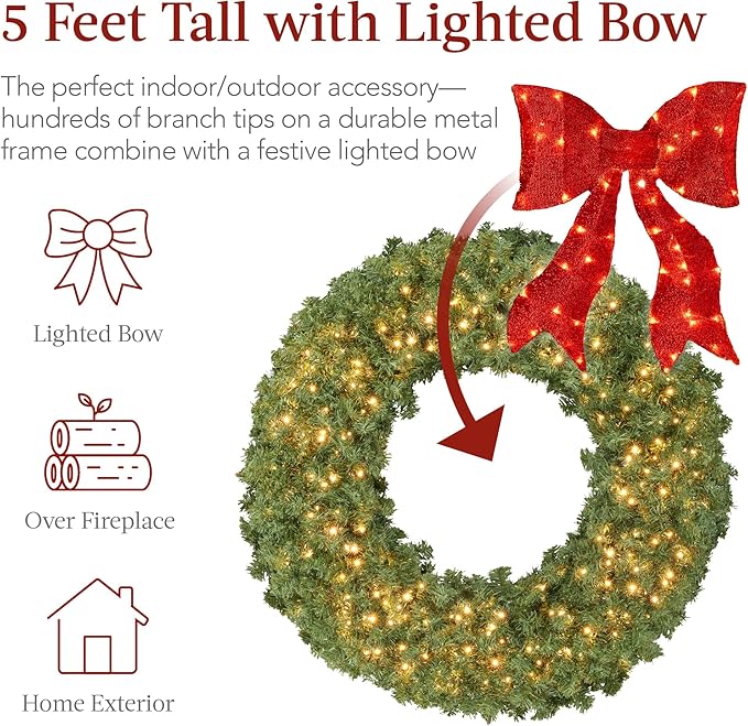Best Choice Products 60in Large Artificial Pre-Lit Fir Christmas Wreath Holiday Accent Decoration for Door, Mantel w/Red Lighted Bow, 375 LED Lights, 930 PVC Tips, Power Plug-in
