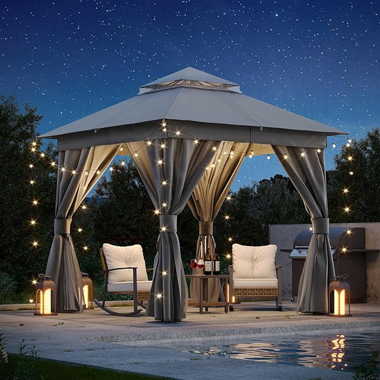 LAUSAINT HOME Semi-Permanent Patio Gazebo 8'x8' with Expansion Bolts, Outdoor Heavy Duty Party Tent with Double Roofs, Mosquito Nettings and Privacy Screens for Backyard, Garden, Lawn, Smoke Grey