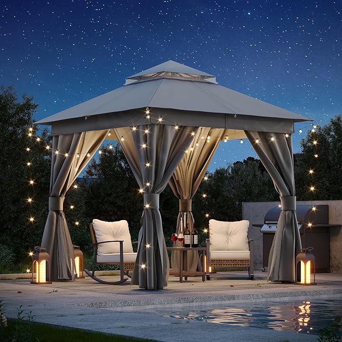 LAUSAINT HOME 8x8ft Outdoor Patio Gazebo with Double Roof, Heavy Duty Waterproof Gazebo Canopy Tent with Mosquito Netting for Backyard, Garden, Lawn & Wedding, Grey