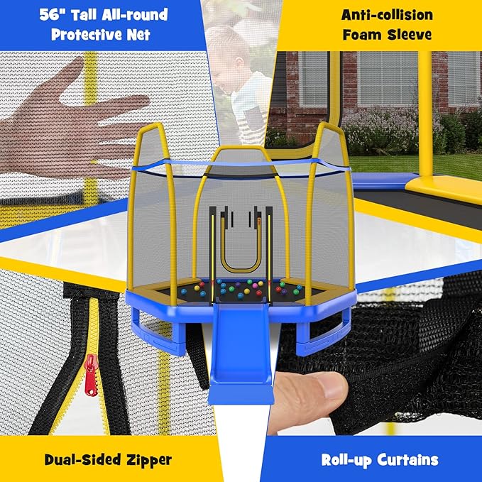 GYMAX Trampoline for Kids, ASTM Approved 7FT Trampoline with Slide, Ladder, Ocean Balls & Mats, Small Indoor/Outdoor Toddler Recreational Trampoline with Enclosure Net, Backyard Trampoline