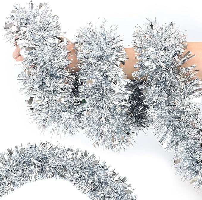 50FT Silver Christmas Tinsel Garland Metallic Twist Shiny Garland for Christmas Tree Decorations, Xmas Holiday Hanging Decor for Home Mantle Stair Indoor Outdoor Holiday Party Supplies Decor
