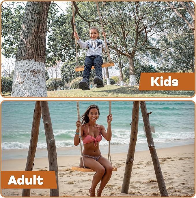 Outdoor Wood Hanging Seat, 22" x 8" x 2" Cedar Wooden Tree Swing for Adults & Kids, 440+ lb Capacity, Adjustable 5-7 ft Rope, Classic Heavy Duty Tree Swing for Backyard & Porch