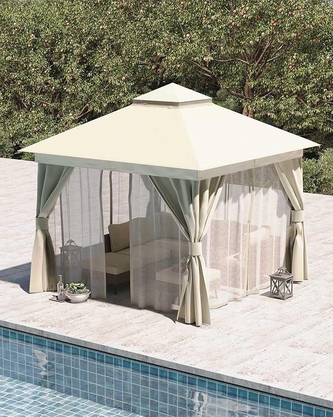 LAUSAINT HOME 10x10ft Outdoor Patio Gazebo with Double Roof, Heavy Duty Waterproof Gazebo Canopy Tent with Mosquito Netting for Backyard, Garden, Lawn & Wedding, Cream White