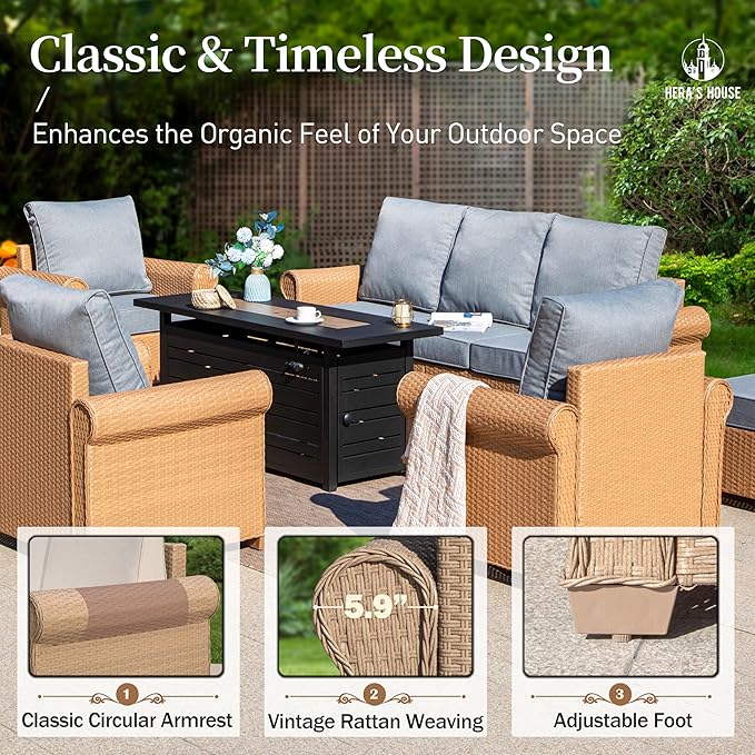 HERA'S HOUSE 6-Piece Patio Furniture Set, All Weather 7 Seats Outdoor Wicker Sofa with Ottomans, Rattan Patio Conversation Set with 5.5" Thick Cushions and 44" Coffee Table, Grey