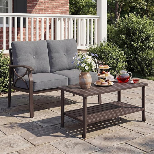 2-Pieces Outdoor Patio Furniture Set, Outdoor Metal Sectional Furniture with Cushions, Outdoor Conversation Set with Coffee Table for Balcony, Deck, Backyard, Garden, Grey