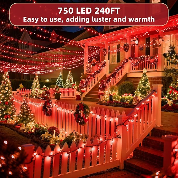 240ft Outdoor Christmas Lights, 750 LED Super Long String Lights 12 Modes & Timer Memory, Dimmable Outsite Waterproof Light Strings for Xmas Tree Garden Wedding Party Holiday Decorations Red