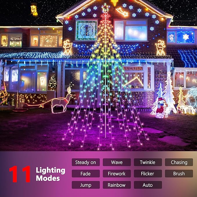 Flacchi Outdoor Star String Lights - Pole Set with Remote, Multiple Lighting Modes, Timer, and Waterproof Feature for Ultimate Holiday Decor (RGB, 10 FT/408LED)