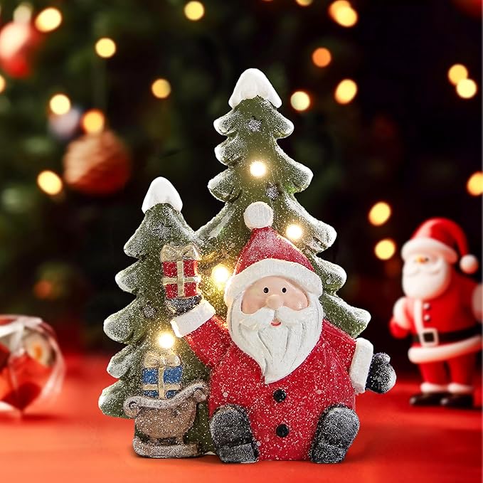 Santa Claus Statues Christmas Decorations Indoor -Christmas Santa Claus Tree Statue Figurines with Lights for Holiday Decor,Xmas Decorations for Table Fireplace Mantle,Winter Xmas Gifts with Timer