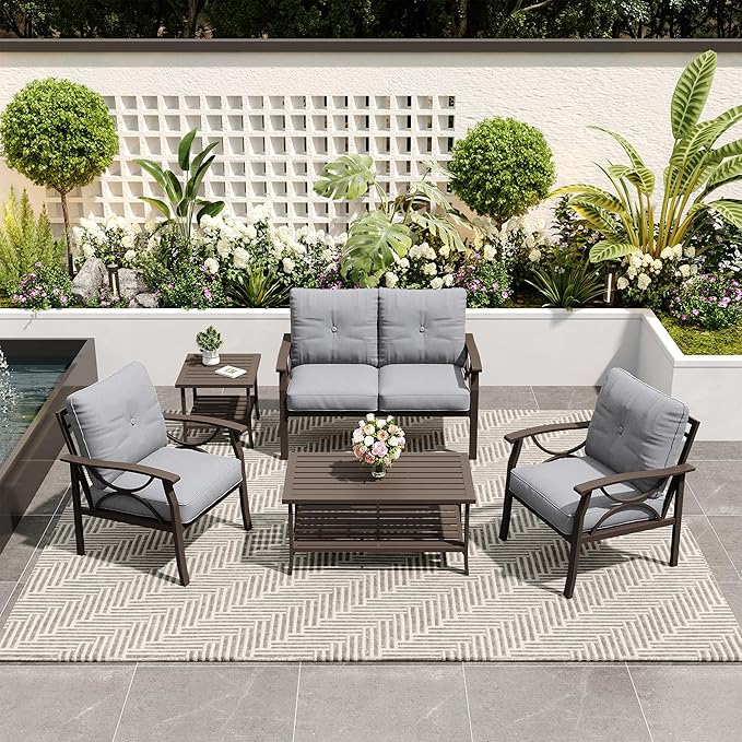 5-Piece Outdoor Patio Furniture Set, Outdoor Metal Sectional Furniture with Cushions, Outdoor Conversation Seating Set with Side Table for Backyard, Garden, Balcony, Deck, Grey