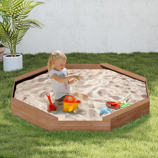 Children's Octagonal Wooden Sandbox with Cover and 4 Sturdy Benches, 8 Seats, Large Wood Octagonal Sandpit for Backyard, Patio, Garden