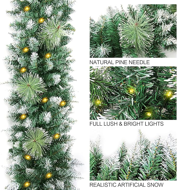 9FT Prelit Christmas Garland with 100 LED Lights Outdoor Lighted Christmas Garland for Mantle, Christmas Lights String Lights with Timer, Snowy Xmas Garland Cedar Bristle Garland
