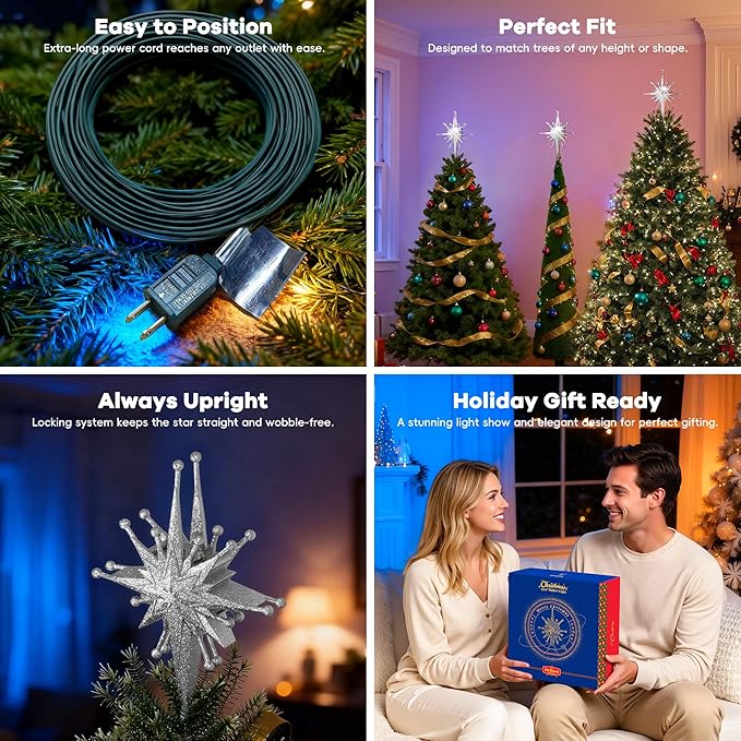 2025 Upgraded Christmas Tree Topper Projector Light with Rotating Bright LED & Wide Coverage, Universal Fit for Any Height Tree, Easy Install, Stable Base, Holiday & Party Decorations (Frosted Silver)