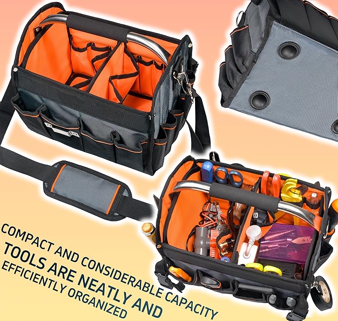12 Inch Electrician Tool Tote Bag, 1680D Ballistic Polyester 34 Pockets Open Top Foldable Tool Bags with detachable divider, Tool Tote with Stainless Steel Handle & Padded Shoulder Strap