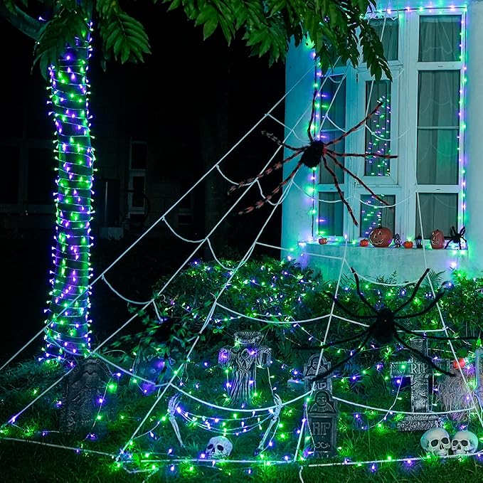 JMEXSUSS 2 Pack Purple and Green Halloween Lights, Total 200 LED 8 Modes Halloween String Lights Plug in, Each 33ft Connectable Christmas Lights Indoor Outdoor for Tree Porch Fireplace Decor